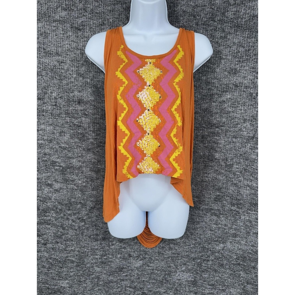 Decree Tank Top Juniors XL Orange Sequin Geometric Hi Low Ladder Back Boho